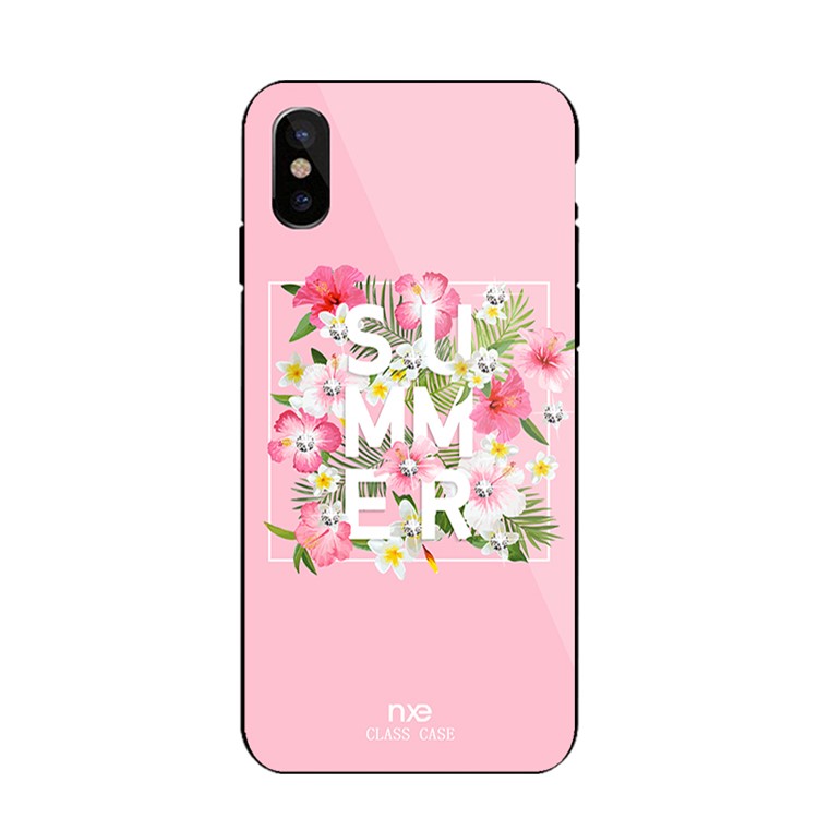 NXE for iPhone X (Ten) Patterned 9H Glass + TPU + PC Hybrid Rhinestone Case - Summer Flowers / Pink-2