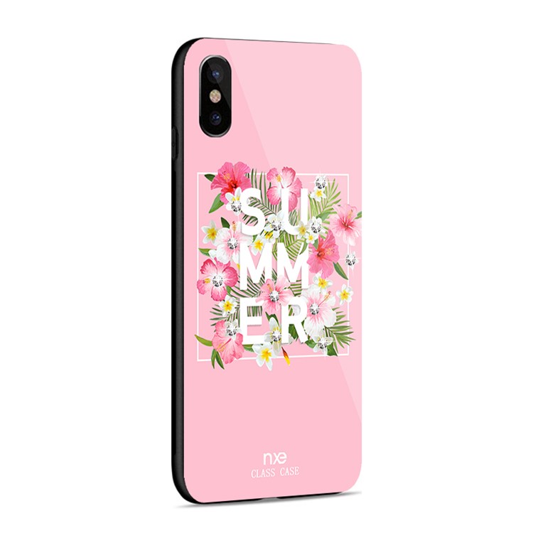 NXE for iPhone X (Ten) Patterned 9H Glass + TPU + PC Hybrid Rhinestone Case - Summer Flowers / Pink-4