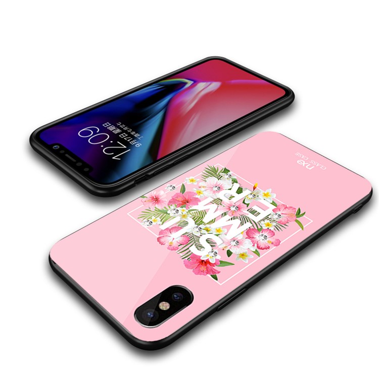 NXE for iPhone X (Ten) Patterned 9H Glass + TPU + PC Hybrid Rhinestone Case - Summer Flowers / Pink-5