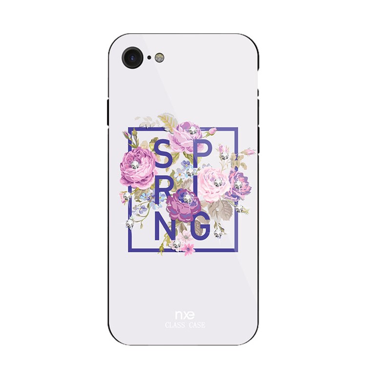 NXE Patterned 9H Glass + TPU + PC Hybrid Rhinestone Case for iPhone 8/7 4.7 inch - Spring Flowers / White-2