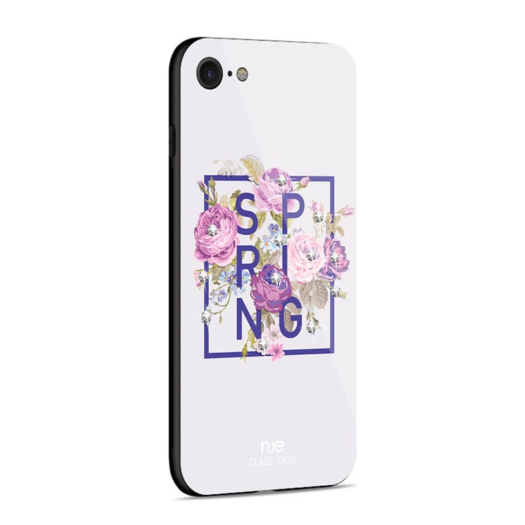 NXE Patterned 9H Glass + TPU + PC Hybrid Rhinestone Case for iPhone 8/7 4.7 inch - Spring Flowers / White-4
