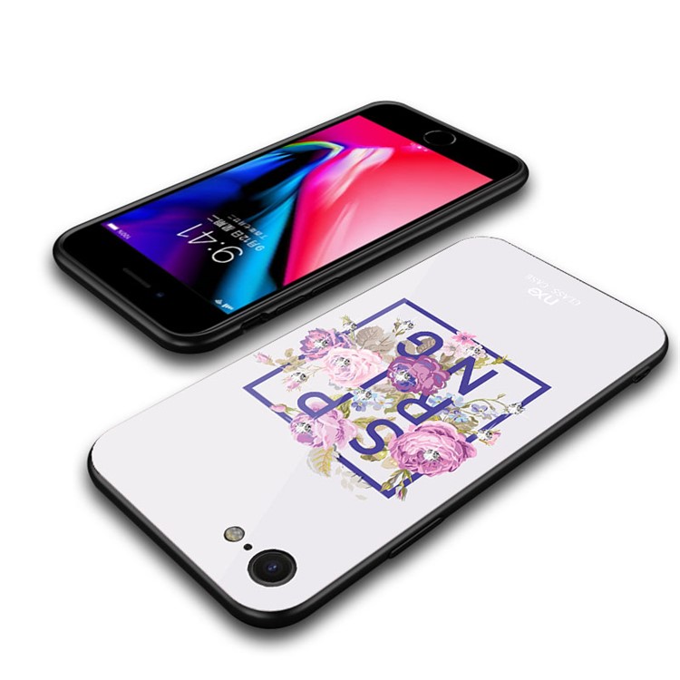 NXE Patterned 9H Glass + TPU + PC Hybrid Rhinestone Case for iPhone 8/7 4.7 inch - Spring Flowers / White-5