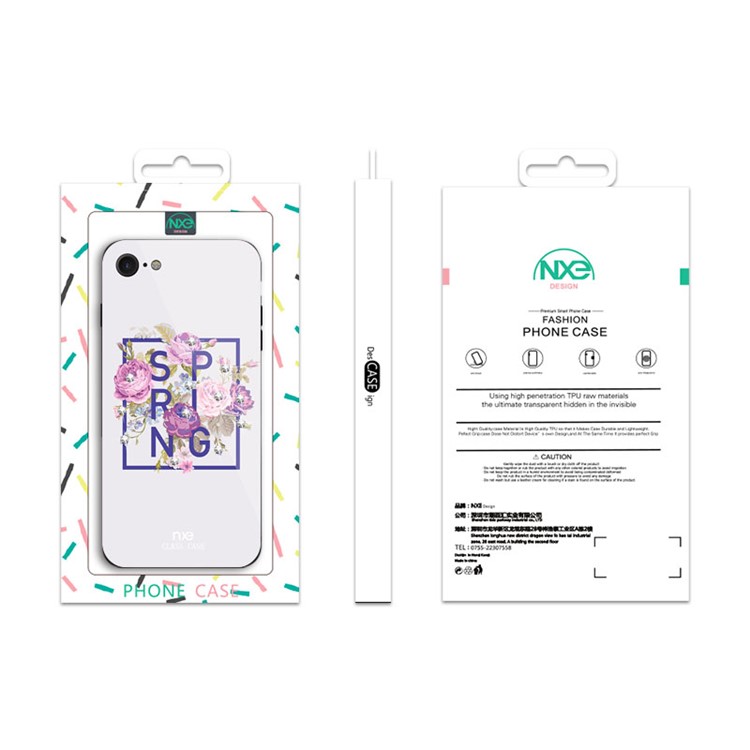 NXE Patterned 9H Glass + TPU + PC Hybrid Rhinestone Case for iPhone 8/7 4.7 inch - Spring Flowers / White-6