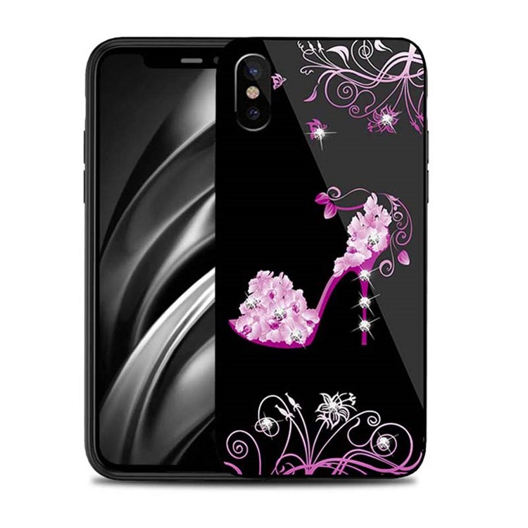 NXE for iPhone X Rhinestone Decor Patterned TPU + PC + Glass Cover - Rose High Heel-1