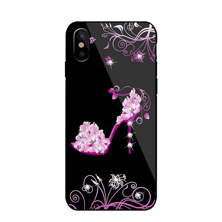 NXE for iPhone X Rhinestone Decor Patterned TPU + PC + Glass Cover - Rose High Heel-2