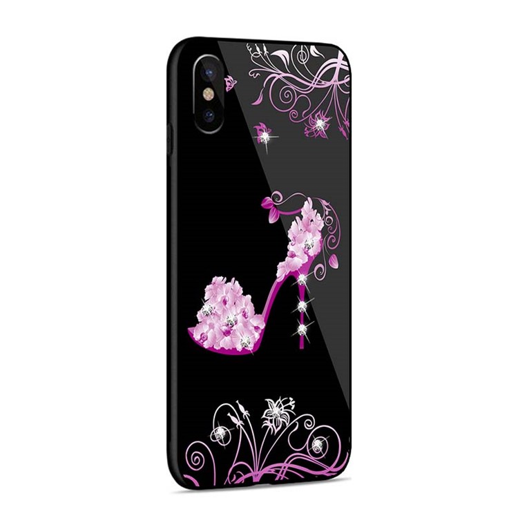 NXE for iPhone X Rhinestone Decor Patterned TPU + PC + Glass Cover - Rose High Heel-4