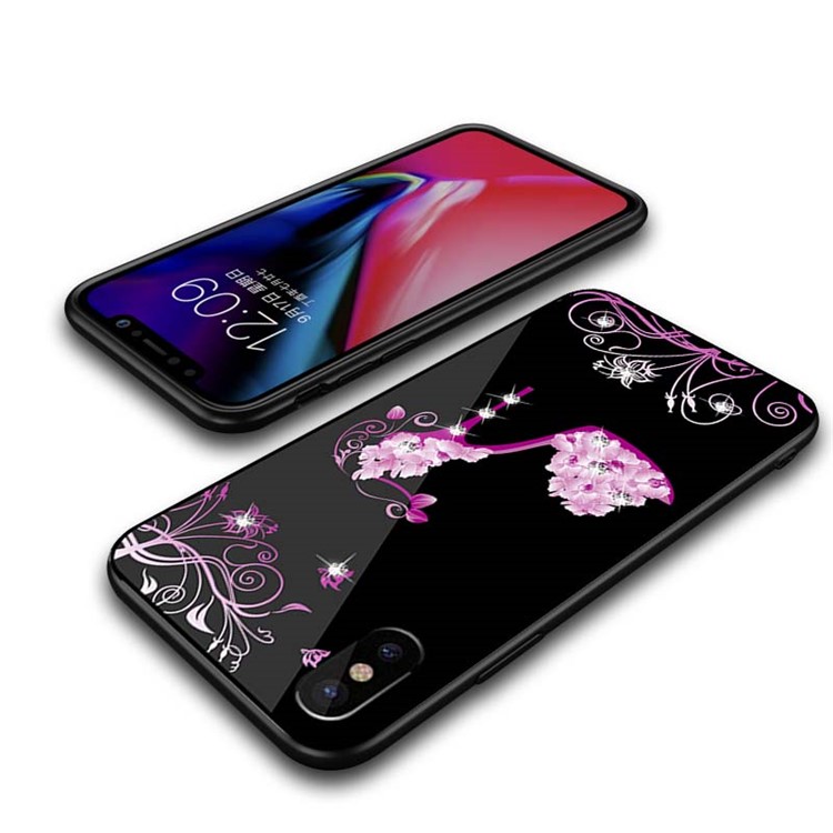 NXE for iPhone X Rhinestone Decor Patterned TPU + PC + Glass Cover - Rose High Heel-5