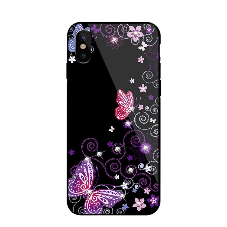 NXE Rhinestone Decor Patterned TPU + PC + Glass Back Casing for iPhone X - Elegant Butterflies and Vines-2