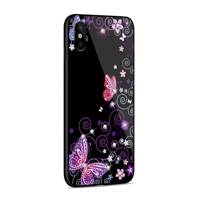 NXE Rhinestone Decor Patterned TPU + PC + Glass Back Casing for iPhone X - Elegant Butterflies and Vines-4