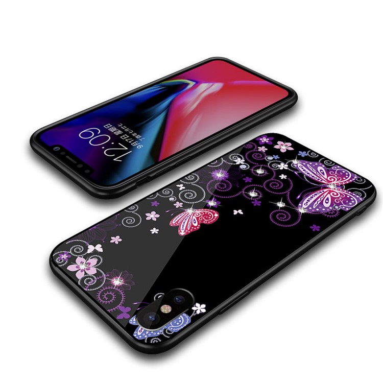 NXE Rhinestone Decor Patterned TPU + PC + Glass Back Casing for iPhone X - Elegant Butterflies and Vines-5