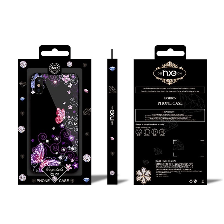 NXE Rhinestone Decor Patterned TPU + PC + Glass Back Casing for iPhone X - Elegant Butterflies and Vines-6