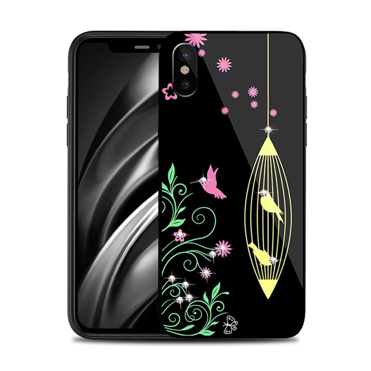 NXE for iPhone X 5.8 Rhinestone Birds and Flowers TPU + PC + 9H Glass Hybrid Cover - Yellow-1