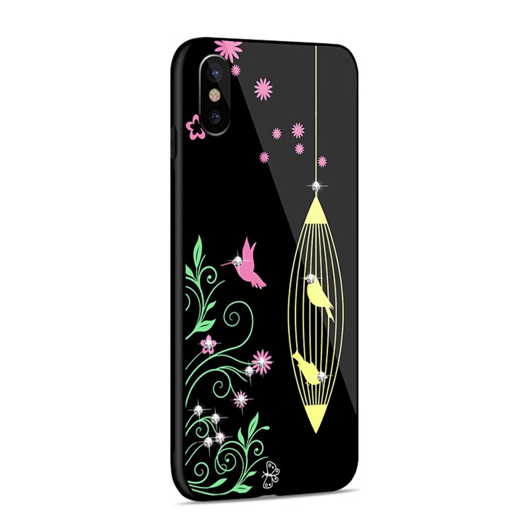 NXE for iPhone X 5.8 Rhinestone Birds and Flowers TPU + PC + 9H Glass Hybrid Cover - Yellow-4