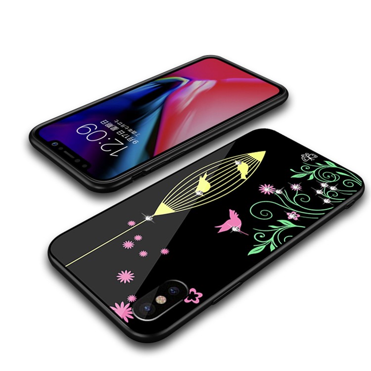 NXE for iPhone X 5.8 Rhinestone Birds and Flowers TPU + PC + 9H Glass Hybrid Cover - Yellow-5