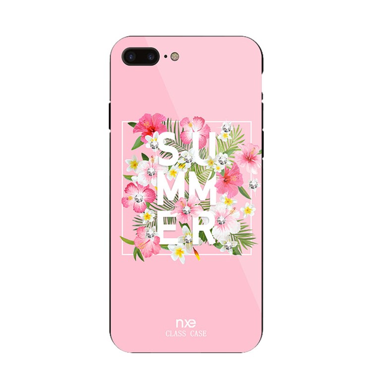 NXE Rhinestone Decor Pattern Printing Glass Case TPU + PC Back Case for iPhone 8 Plus/7 Plus 5.5 inch - Summer Flower/Pink-2