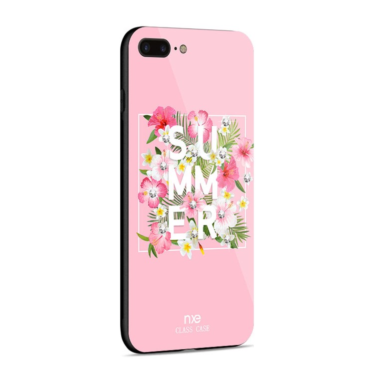 NXE Rhinestone Decor Pattern Printing Glass Case TPU + PC Back Case for iPhone 8 Plus/7 Plus 5.5 inch - Summer Flower/Pink-4