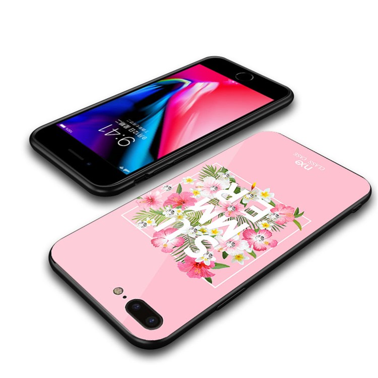 NXE Rhinestone Decor Pattern Printing Glass Case TPU + PC Back Case for iPhone 8 Plus/7 Plus 5.5 inch - Summer Flower/Pink-5