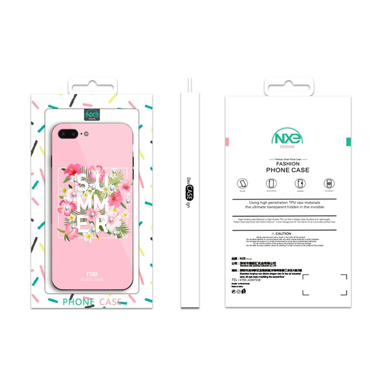 NXE Rhinestone Decor Pattern Printing Glass Case TPU + PC Back Case for iPhone 8 Plus/7 Plus 5.5 inch - Summer Flower/Pink-6