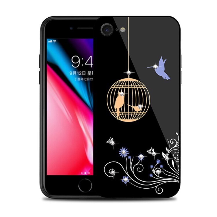 NXE Rhinestone Birds and Flowers TPU + PC + 9H Glass Hybrid Cover for iPhone 8/7 4.7 inch - Orange-1