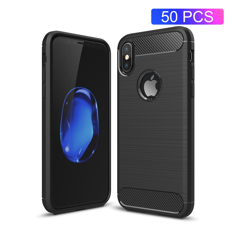 50Pcs/Set Carbon Fiber Texture Brushed TPU Back Casing for iPhone X / 10 5.8 inch - Black-1