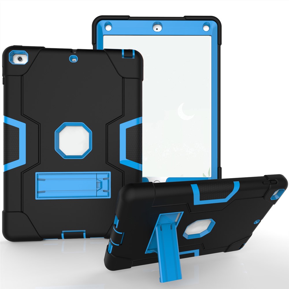 For iPad 9.7 (2018) / 9.7 (2017) Bi-color PC + Silicone Hybrid Kickstand Tablet Back Casing - Baby Blue / Black