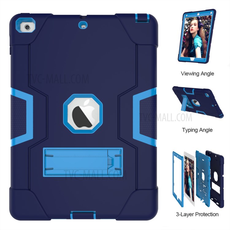 Cubierta Híbrida De La Tableta Del Silicón De La PC De La Protección Bicolor Con El Kickstand Para El Ipad 9.7-inch (2017) - Bebe Azul / Azul Oscuro-7
