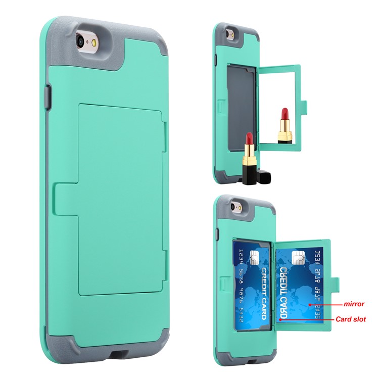 

PC + TPU Ударопрочный Держатель Карты Мобильный Корпус С Зеркалом Для Iphone 6s Plus / 6 Плюс - Циан, iPhone 6s Plus