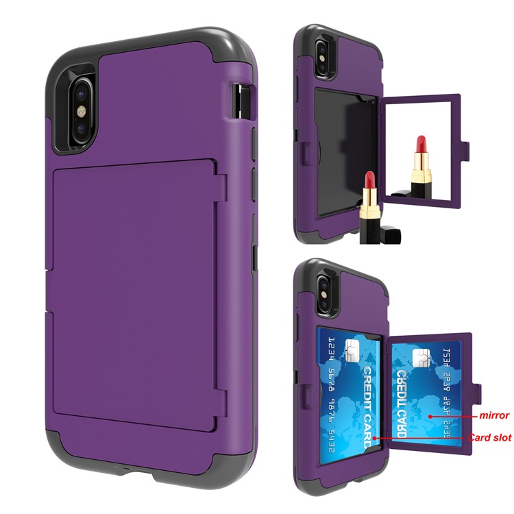 

For iPhone X (Ten) Card Holder Mirror PC+TPU Shockproof Protective Shell - Purple, iPhone X