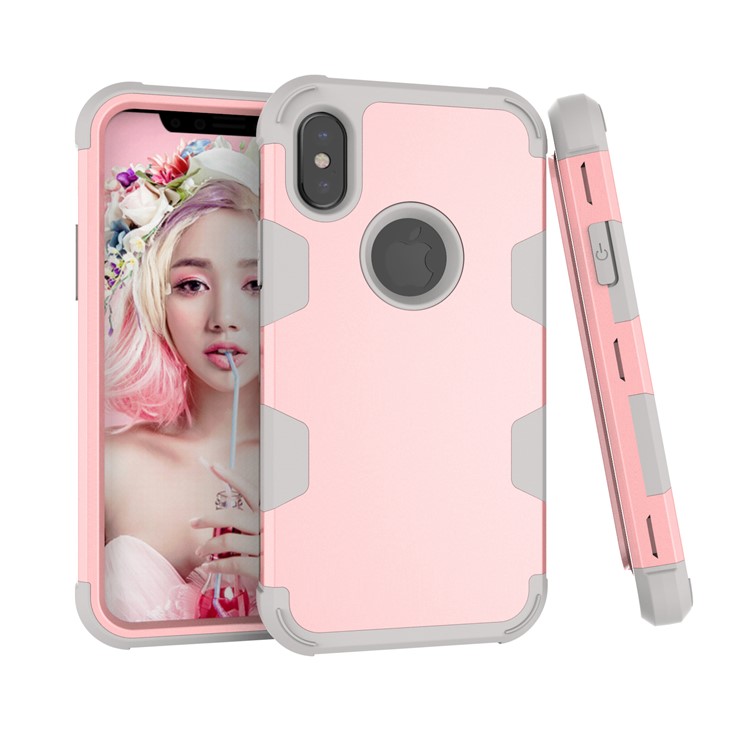 

For iPhone X/XS (Ten) Heavy Duty 3-piece PC + Silicone Drop-proof Hybrid Mobile Case - Grey / Rose Gold