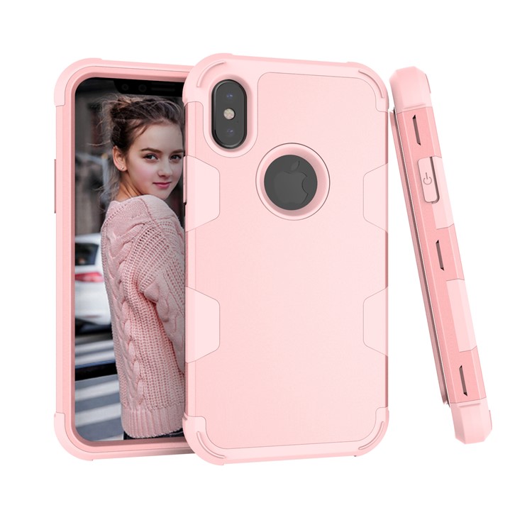 

For iPhone X/XS (Ten) Heavy Duty 3-piece PC + Silicone Drop-proof Hybrid Cover - Rose Gold
