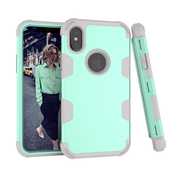

For iPhone X/XS (Ten) Heavy Duty 3-piece PC + Silicone Drop-proof Hybrid Mobile Shell - Grey / Cyan