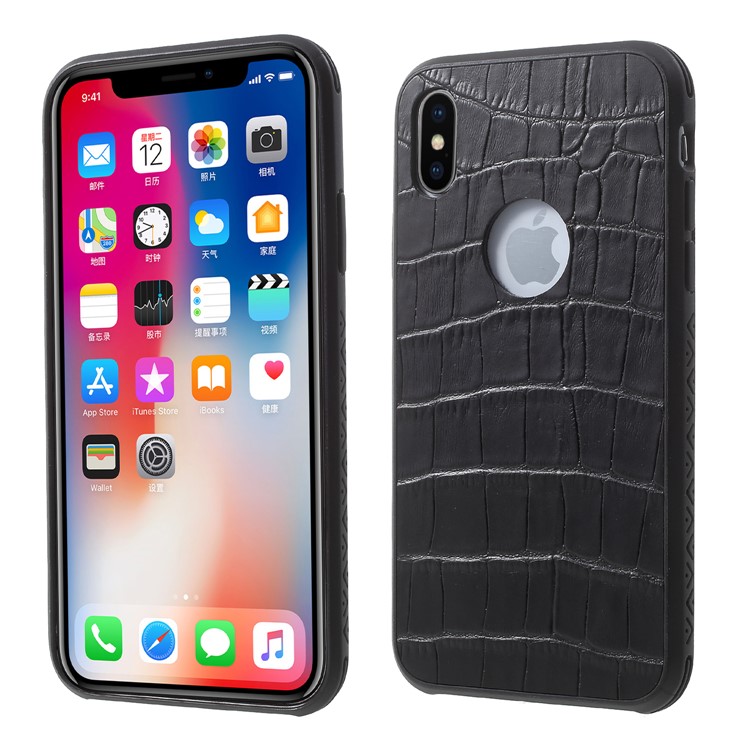 OCUBE Crocodile Texture Genuine Leather Coated PC TPU Hybrid Case for iPhone X - Black-1