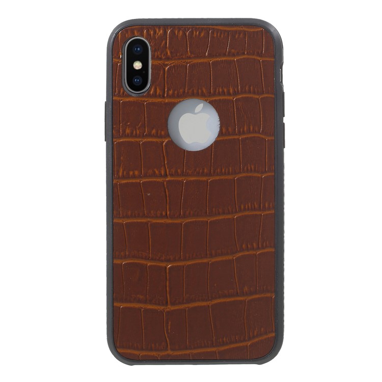OCUBE Crocodile Texture Genuine Leather Coated PC TPU Hybrid Phone Cover Shell for iPhone X - Brown-1