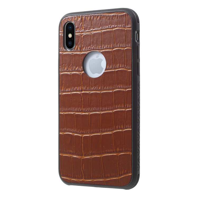 OCUBE Crocodile Texture Genuine Leather Coated PC TPU Hybrid Phone Cover Shell for iPhone X - Brown-2