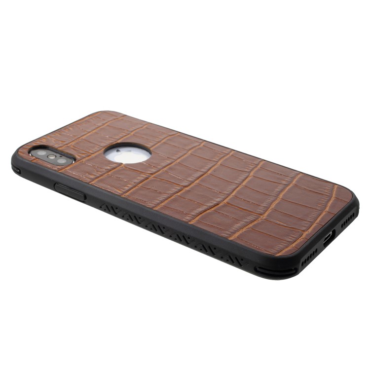 OCUBE Crocodile Texture Genuine Leather Coated PC TPU Hybrid Phone Cover Shell for iPhone X - Brown-4