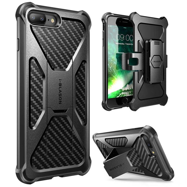 I-BLASON Heavy Duty Carbon Fiber Texture PC + TPU Hybrid Case with Kickstand for iPhone 8 Plus / 7 Plus - Black-1