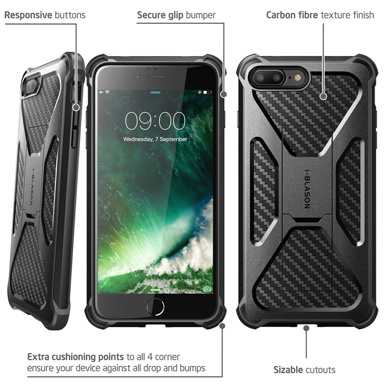 I-BLASON Heavy Duty Carbon Fiber Texture PC + TPU Hybrid Case with Kickstand for iPhone 8 Plus / 7 Plus - Black-3