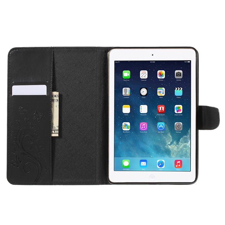 Imprint Butterfly Flower Leather Stand Wallet Case for iPad mini 4 - Black-5