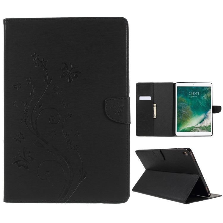 For iPad Pro 10.5-inch (2017) Imprint Butterfly Flower Leather Wallet Stand Case - Black-1