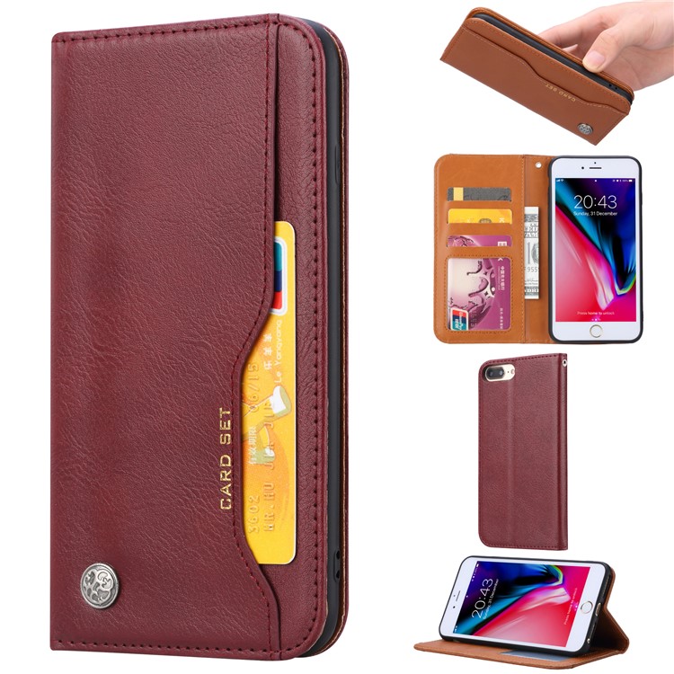 PU Leather Auto-absorbed Wallet Stand Phone Shell for 8 Plus / 7 Plus / 6s Plus / 6 Plus 5.5 inch - Wine Red-1