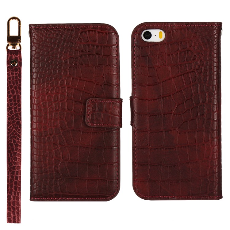 

Crocodile Texture PU Leather Magnetic Wallet Stand Cover for iPhone SE/5s/5 - Wine Red