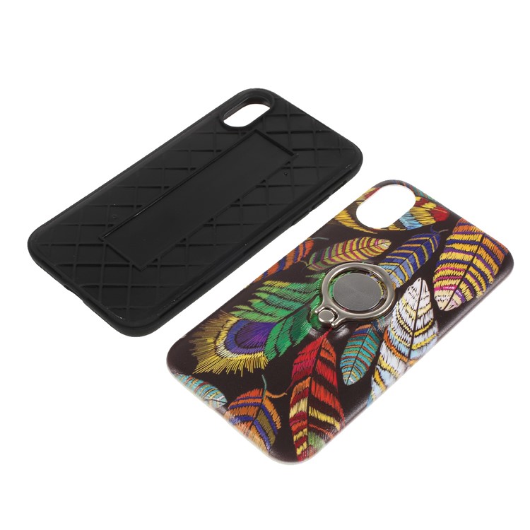 Embossment Pattern Flexible TPU Phone Case with Ring Holder Kickstand for iPhone X - Feather-10