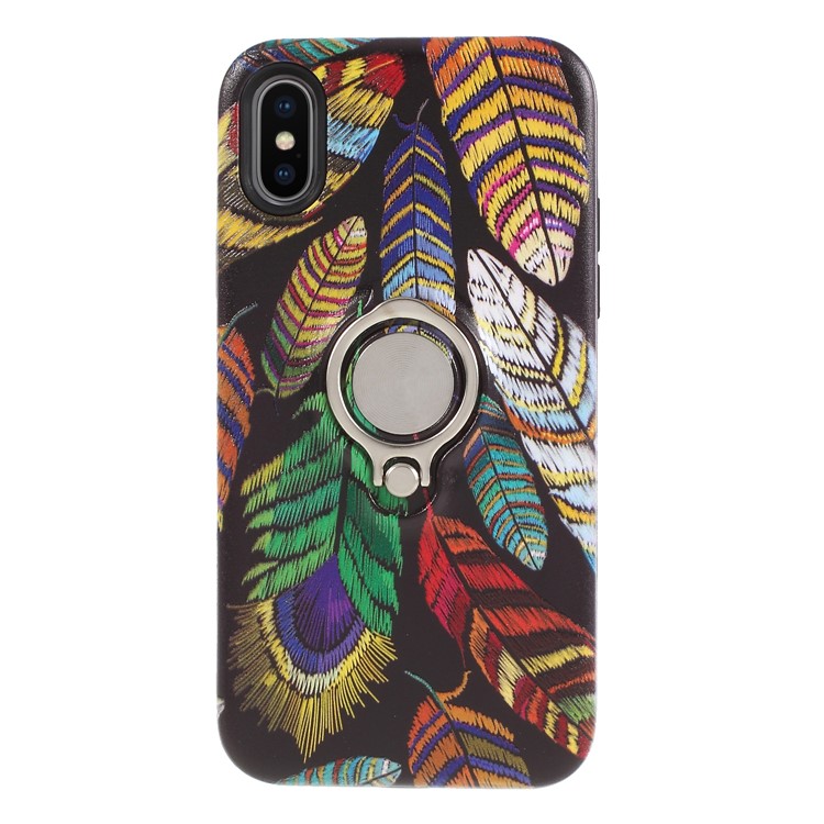 Embossment Pattern Flexible TPU Phone Case with Ring Holder Kickstand for iPhone X - Feather-3