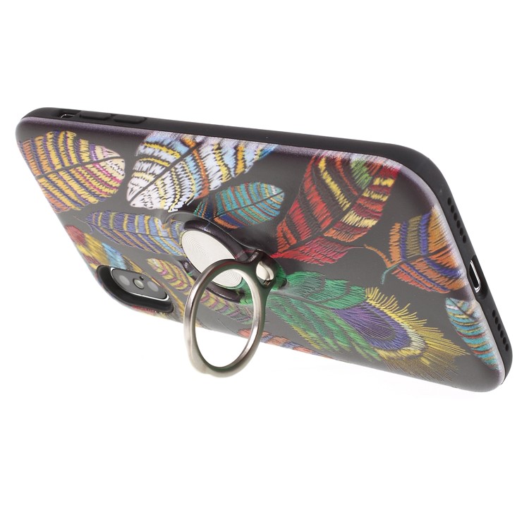 Embossment Pattern Flexible TPU Phone Case with Ring Holder Kickstand for iPhone X - Feather-4