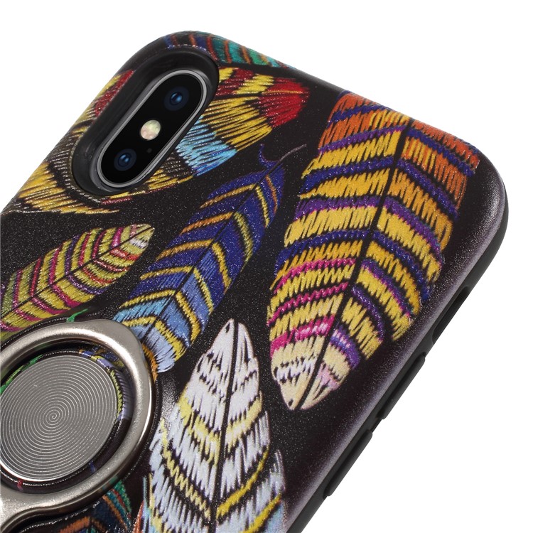 Embossment Pattern Flexible TPU Phone Case with Ring Holder Kickstand for iPhone X - Feather-6