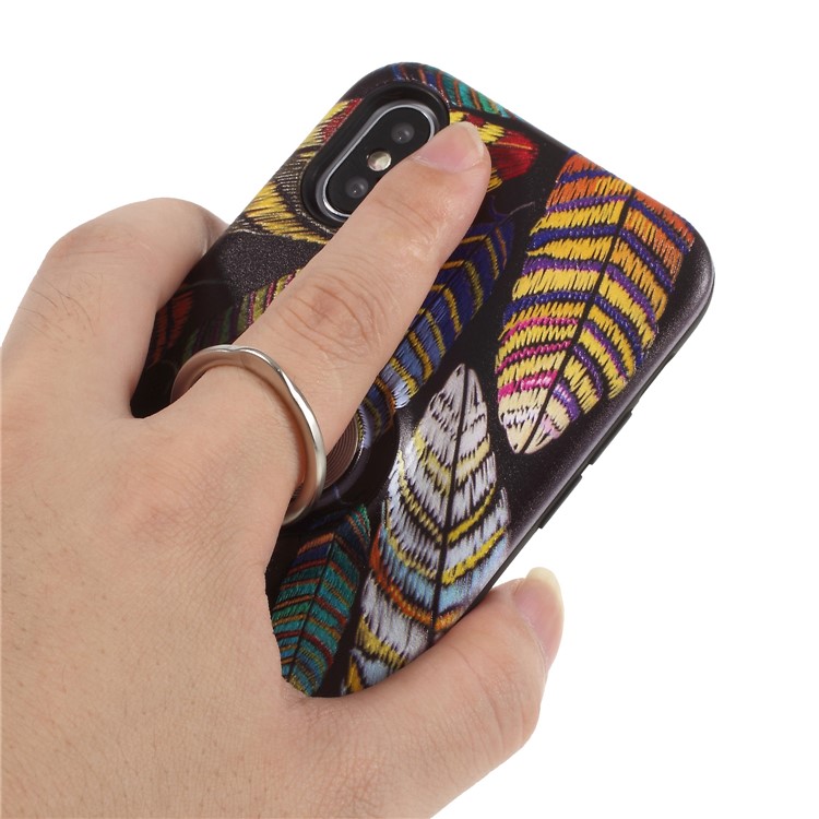Embossment Pattern Flexible TPU Phone Case with Ring Holder Kickstand for iPhone X - Feather-8