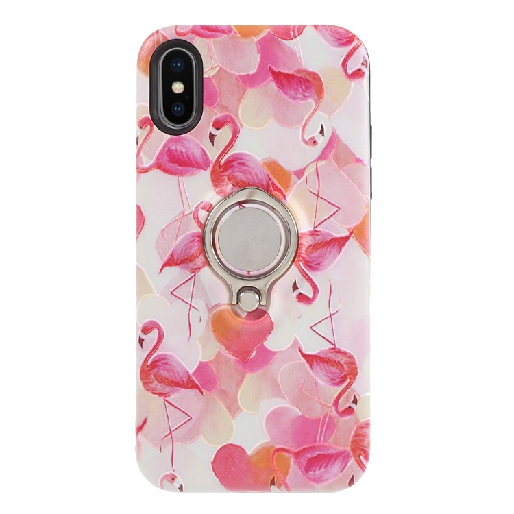 

Embossment Pattern Flexible TPU Mobile Case with Ring Holder Kickstand for iPhone XS/X 5.8 inch - Flamingo and Pink Flower, iPhone X