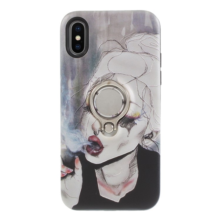 Embossment Pattern Plastic Case with 360-degree Ring Kickstand for iPhone X - Cool Smoking Girl-1