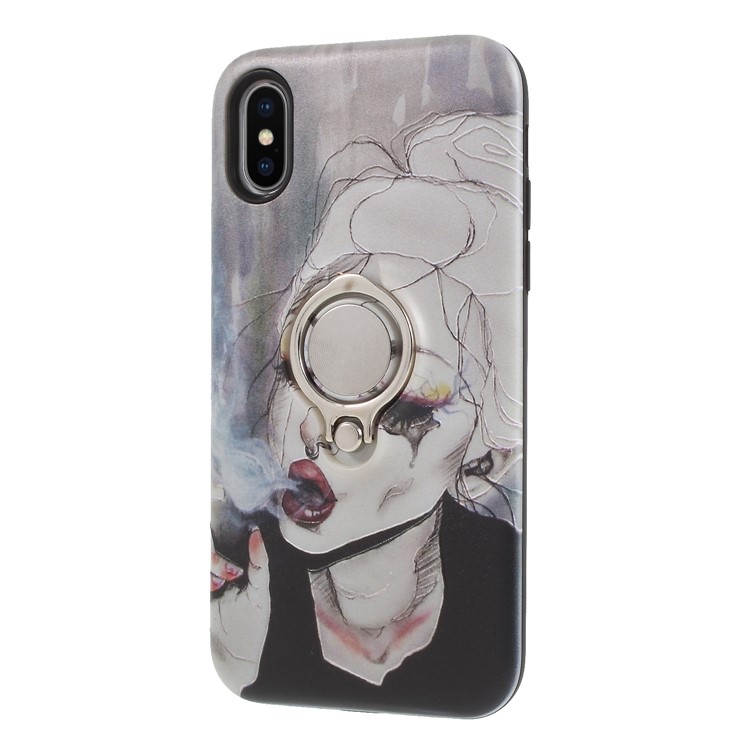 Embossment Pattern Plastic Case with 360-degree Ring Kickstand for iPhone X - Cool Smoking Girl-3