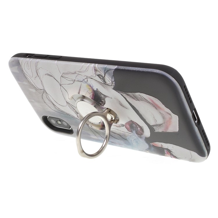 Embossment Pattern Plastic Case with 360-degree Ring Kickstand for iPhone X - Cool Smoking Girl-4